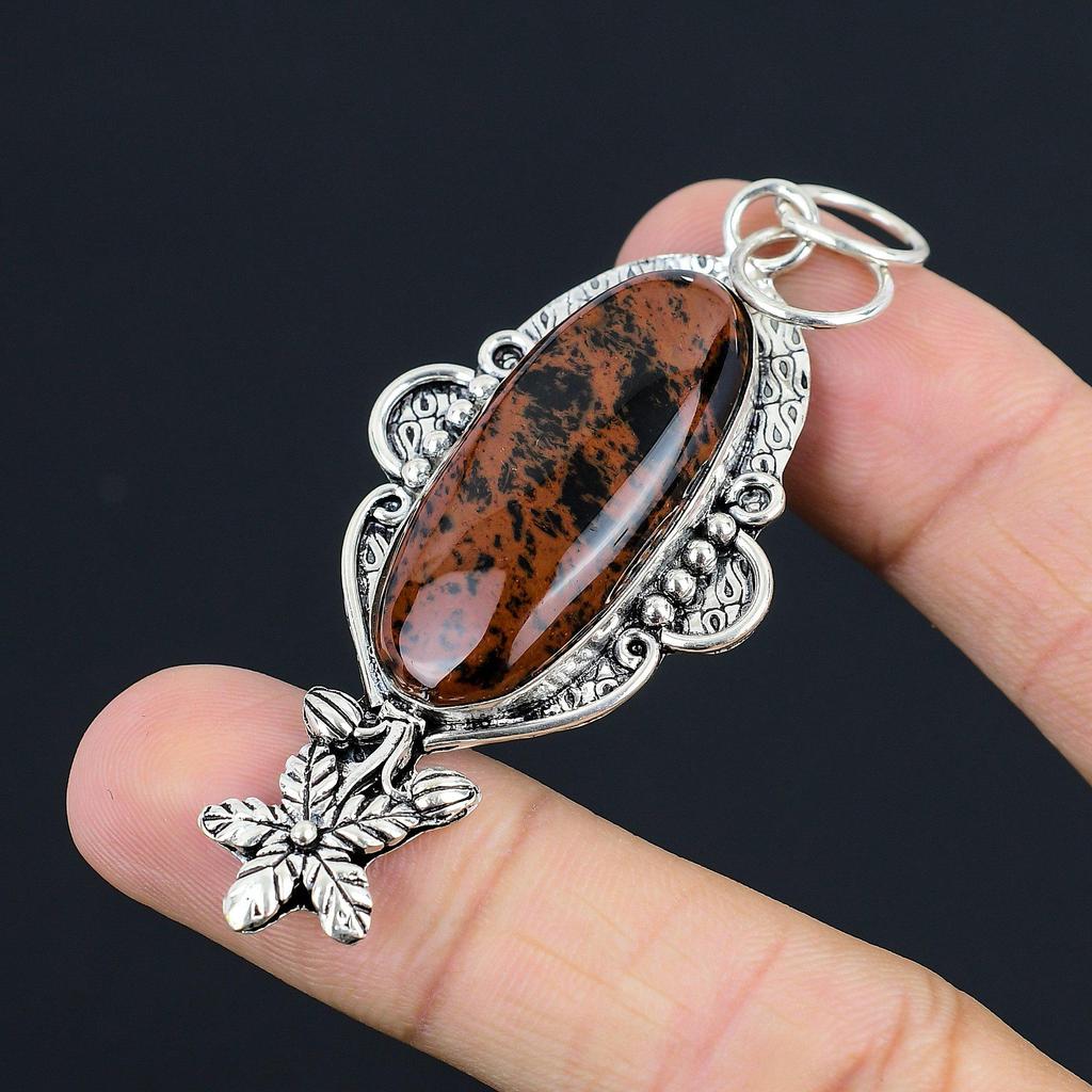 Friendship Day Deal Mahogany Obsidian Stone Flower Daughter Pendant 925 Silver