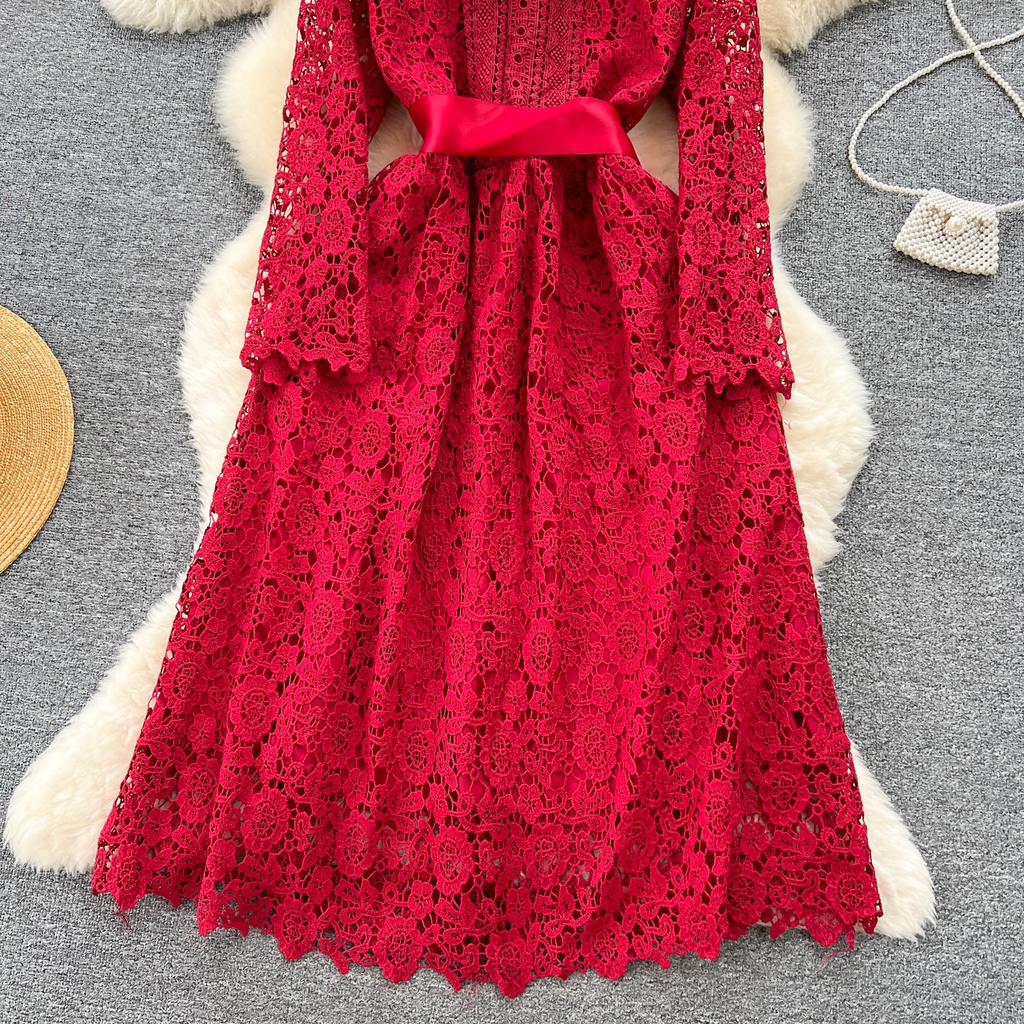 Buy Retro Pleated Elegant Hollow Lace Chiffon Dress A-line Long Sleeve  Casual High Waist Dress Women Summer at affordable prices — free shipping,  real reviews with photos — Joom