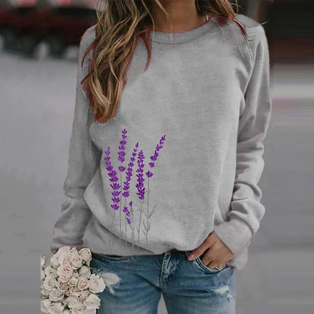 Women Sweatshirt Floral Print O Neck Loose Warm Lady Blouse for Daily Wear
