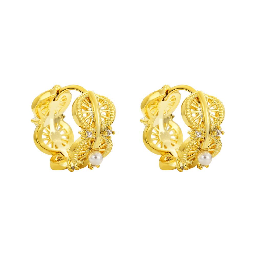 European Vintage Hollow Lace Pearl Hoop Earrings Gold Plated Zircon Ear Buckles for Women