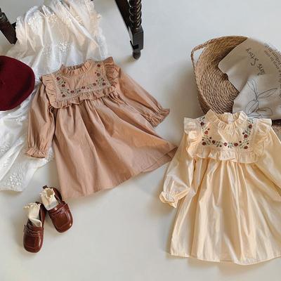 "2023 Herbst Mädchen Prinzessin Kleid: Französische Stickereiblume, Stehkragen, lange Ärmel mit Rüschen