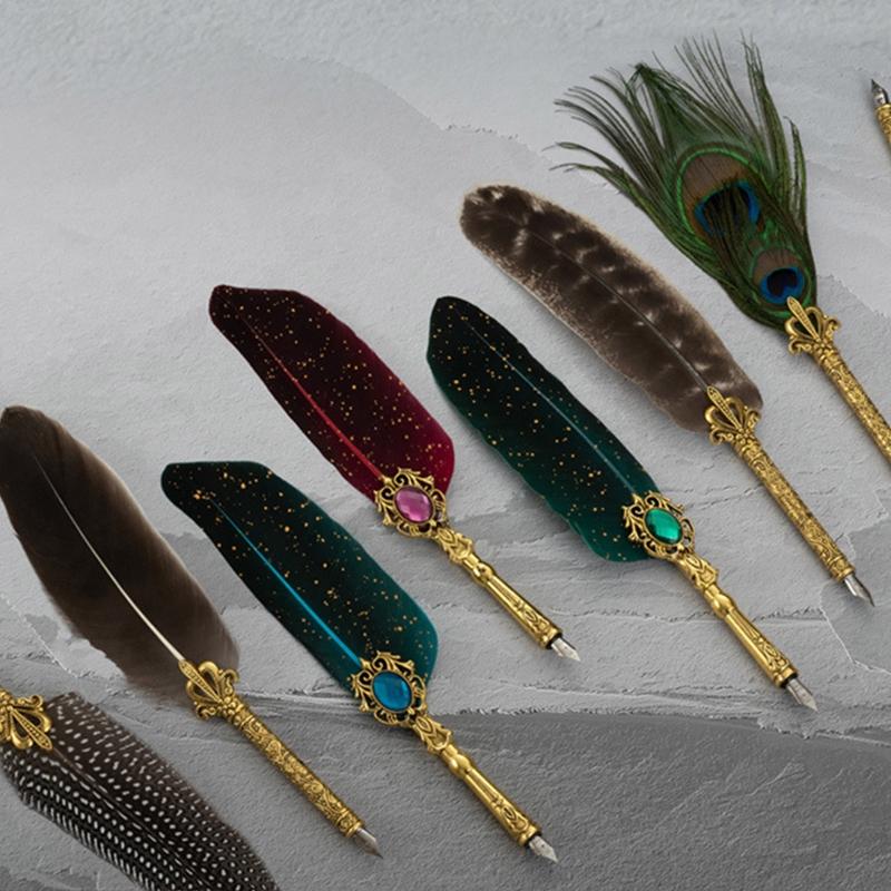 Exquisite Dip Pen Set Wax Stick Set Calligraphy Feather Pen Kit 10Pcs Replacement Nibs for Invitations Letters Writing