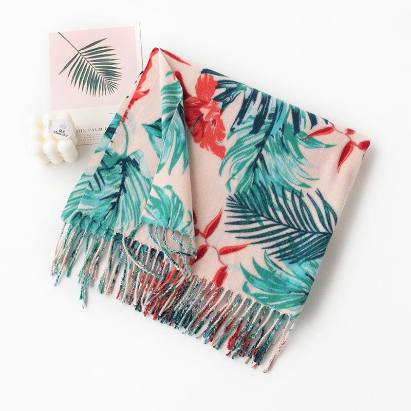 New soft and warm imitation cashmere leaf printing fringed scarf high-end women's spring and autumn scarf shawl