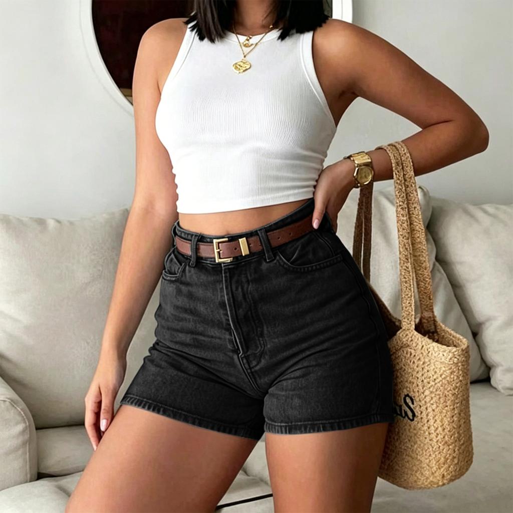 Women High Waist Vintage Denim Shorts Slim Fit Casual Hot Pants with Belt for Summer Everyday Wear