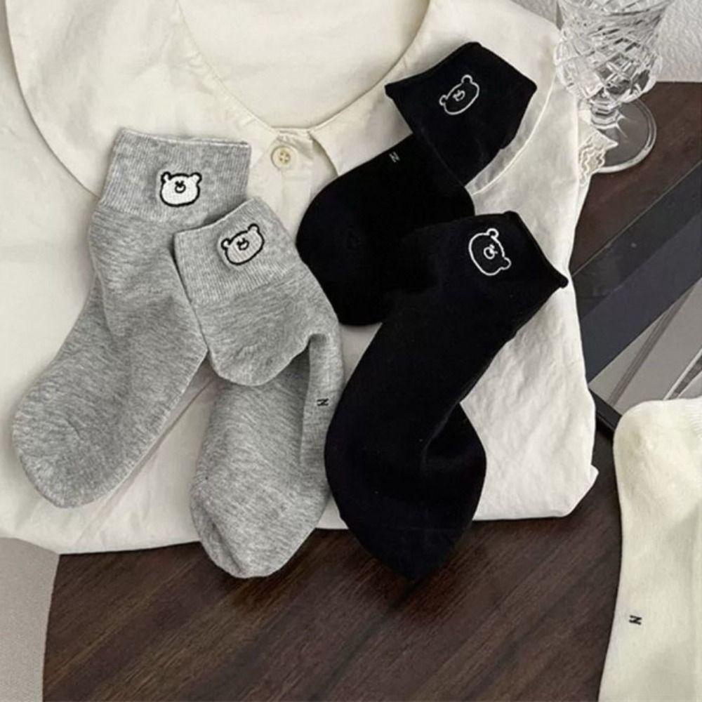 3Pairs Sweet Embroidered Bear Socks Thin Short Tube Socks Women Soft Sweet Ankle Socks  Lady