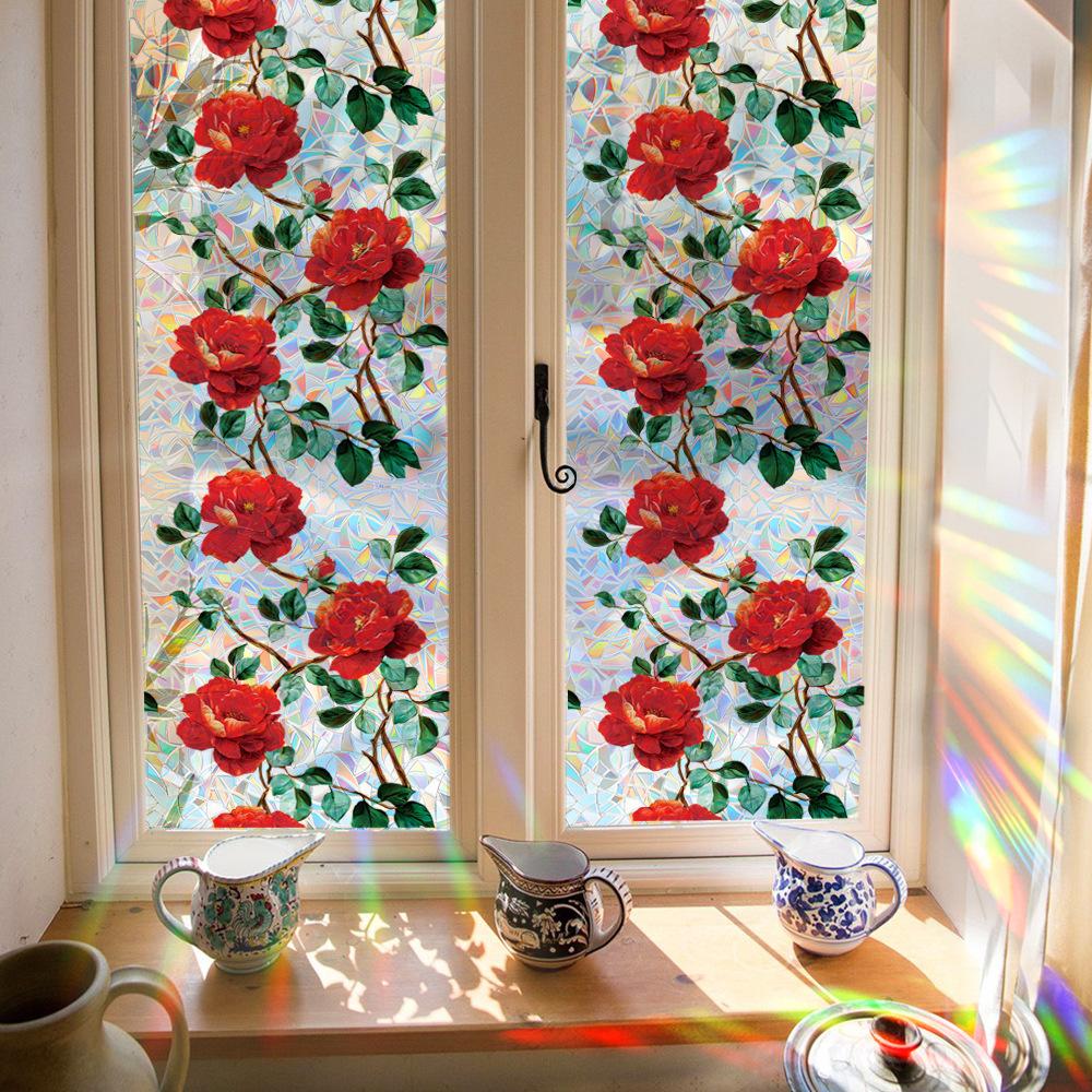 Lasergedruckte Dekorative statisch haftende Aufkleber mit lebhaftem Rosenmuster für Heim-Glastüren und Fenster