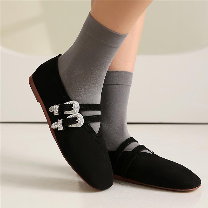 FOREADA Women Mary Janes Square Toe Flats Buckle Concise Glove Shoes Ladies Fashion Casual Shoes Spring Autumn Black Brown 46