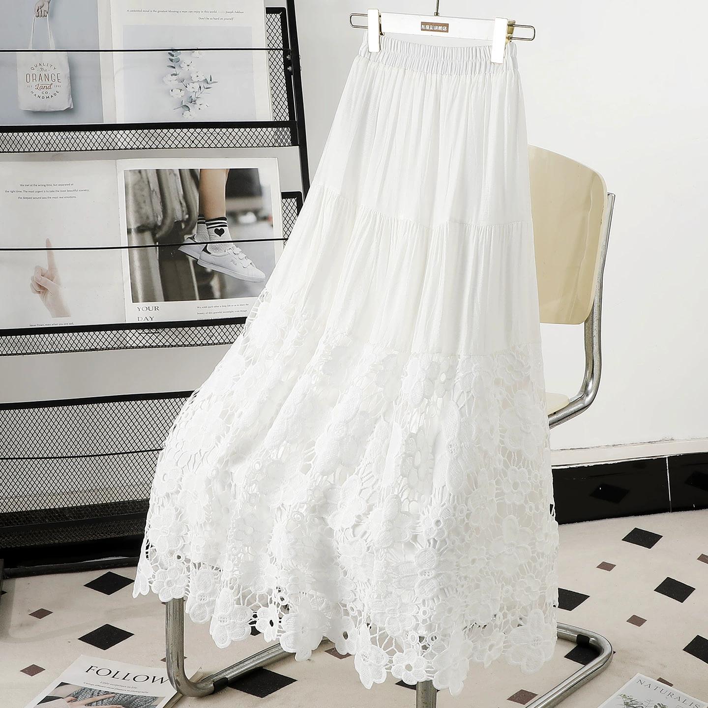 

DIMANAF 2025 Летние женские новые юбки с кружевным цветком Винтажные эластичные плиссированные элегантные белые юбки с кружевом и высокой талией One Size белый