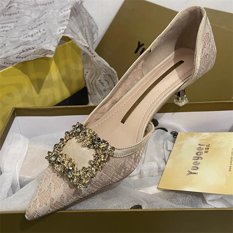 Fashion Closed Toe Sandals 2025 Summer Lace Denim Women's Female Shoe Stiletto Fashion Girls Laces Pointed Rhinestone Retro Crystal Thin