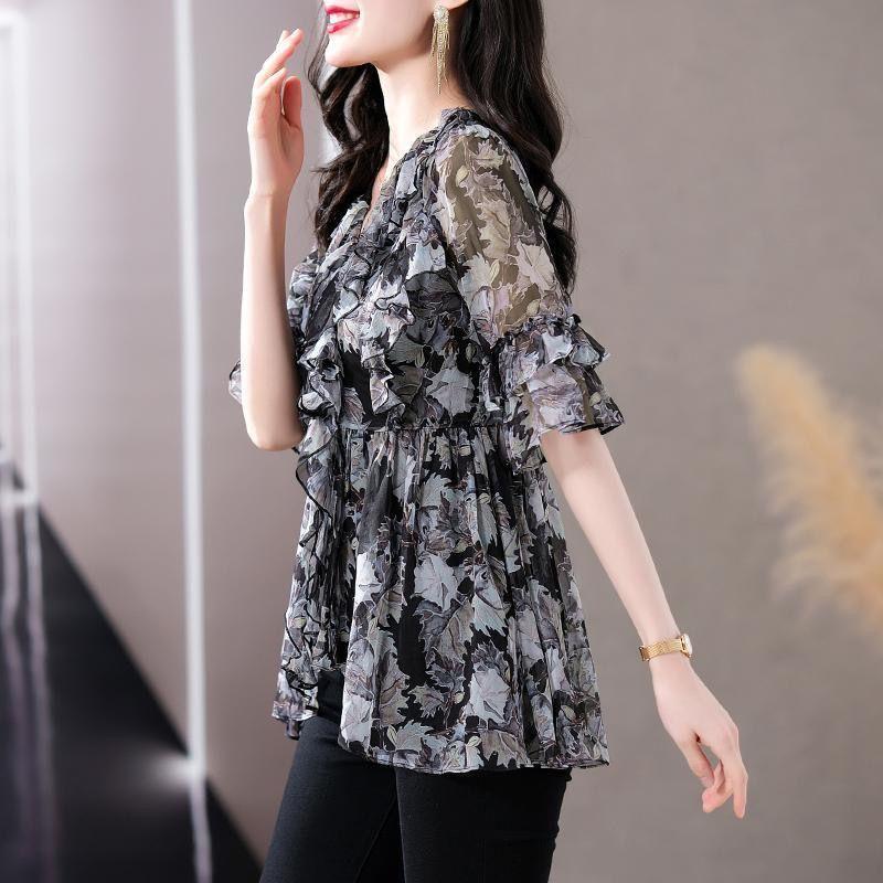 Loose Floral Print Chiffon Shirt for Women French Black Top Spring/Summer New Mom V-neck Bottoming Blouse M-4XL