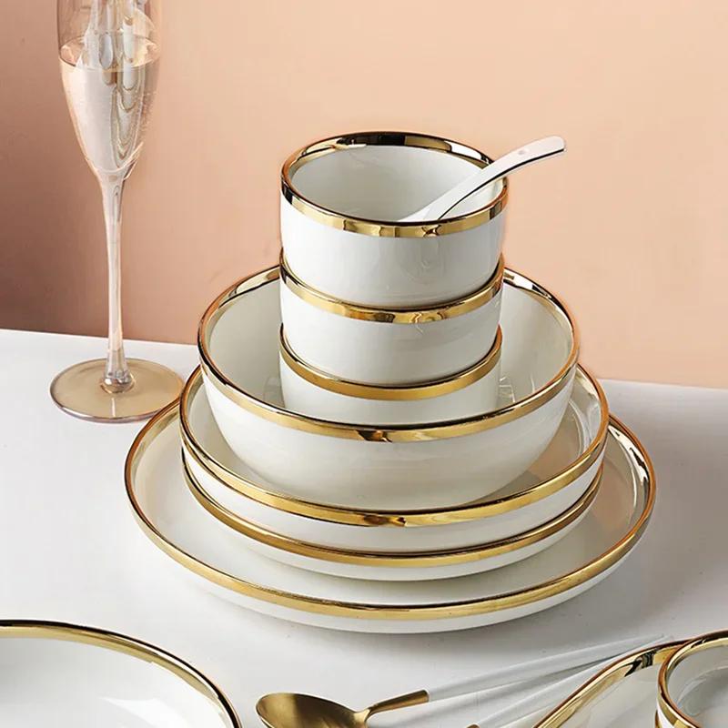 Gilt Rim White Porcelain Dinner Tray Food Dishes Rice Salad Noodles Bowl Ceramic Plates Bowls Kitchen Plates Ceramic Tableware