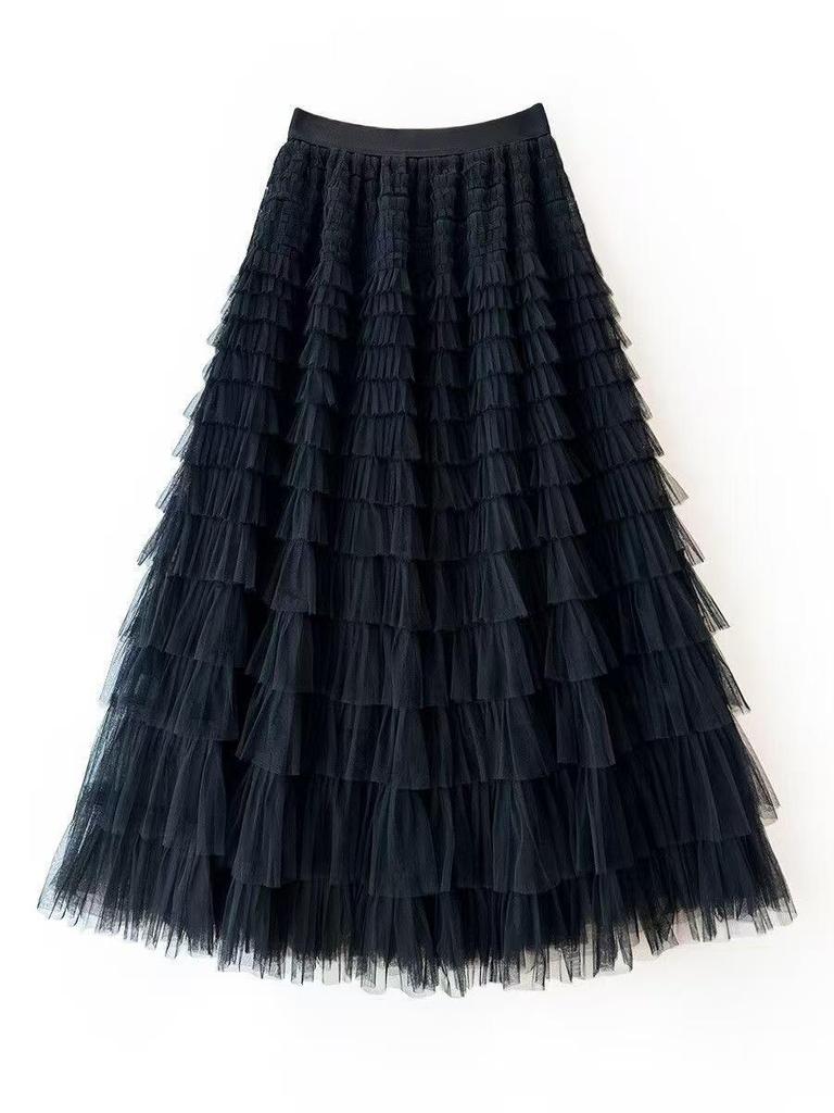 Women's Layered Mesh Gauze Pleated High Waist Long Skirt - Spring & Autumn Style