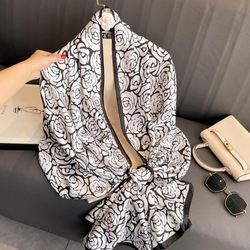Spring and Summer Thin Silk Scarf High-end Printed Long Scarf New Satin Travel Sunscreen Scarf National Style Cloak
