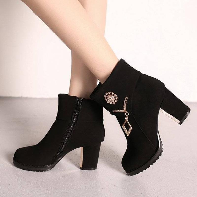 Black Suede Rhinestone Heeled Woman Short Shoes Round Toe Autumn Winter Warm Ankle Boots for Women High Quality Y2k Booties Sale