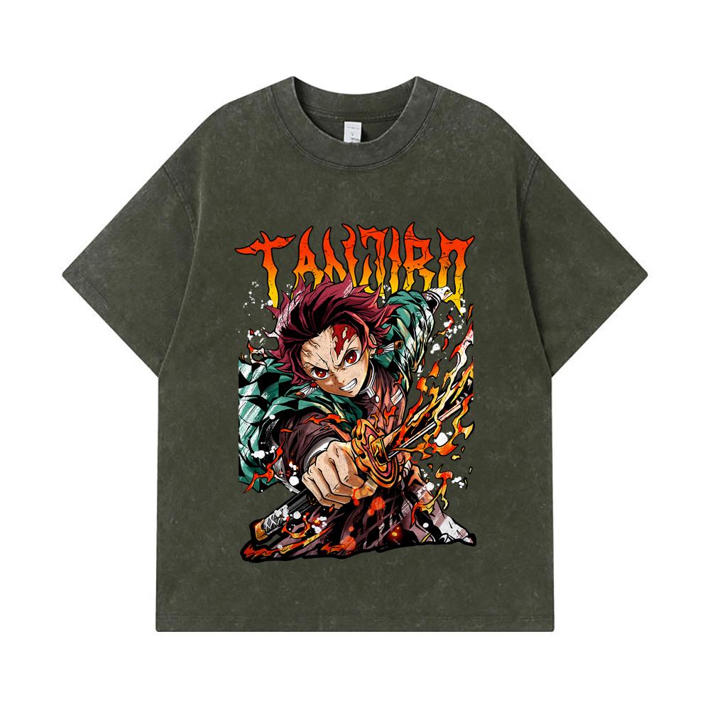 

275 GSM Washed T-shirts 100% Cotton Demon Slayer V86 Tanjiro Print Unisex Heavy Cotton T Shirt S армия зеленый