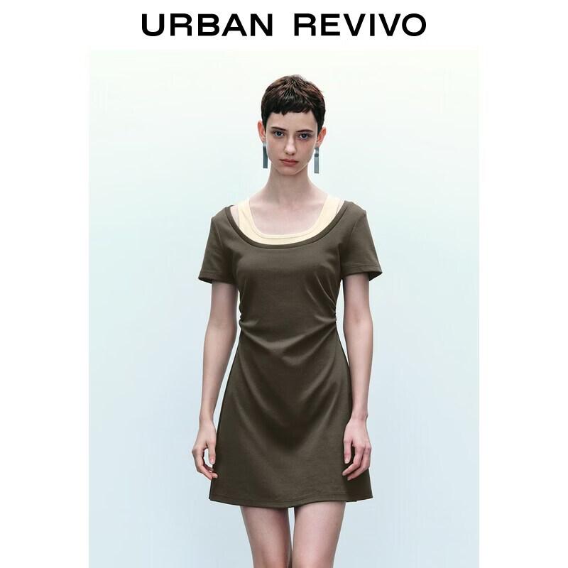 UR2026 Women's Casual Color-block Faux Two-Piece Short Sleeve Dress