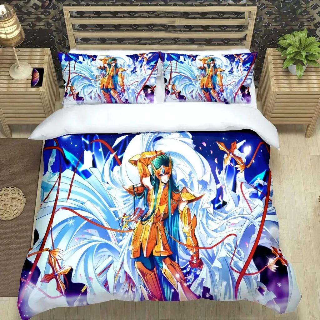 Saint Seiya Zestaw Pościeli 3D Czarny Zestaw Poszwy na Kołdrę i Poszewek na Poduszki Rozmiar King Queen Poliestrowa Poszwa na Kołdrę