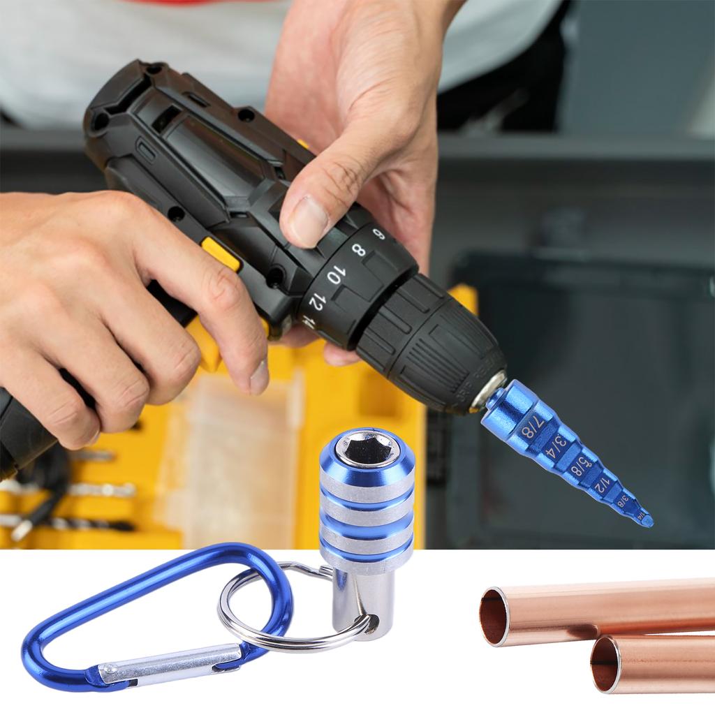 6 In 1 Swage HVAC Tool with Drill Bit Holder & Carabiner Reaming Step Drill Multi-Functional for 1/4 3/8 1/2 5/8 3/4 7/8 Tube