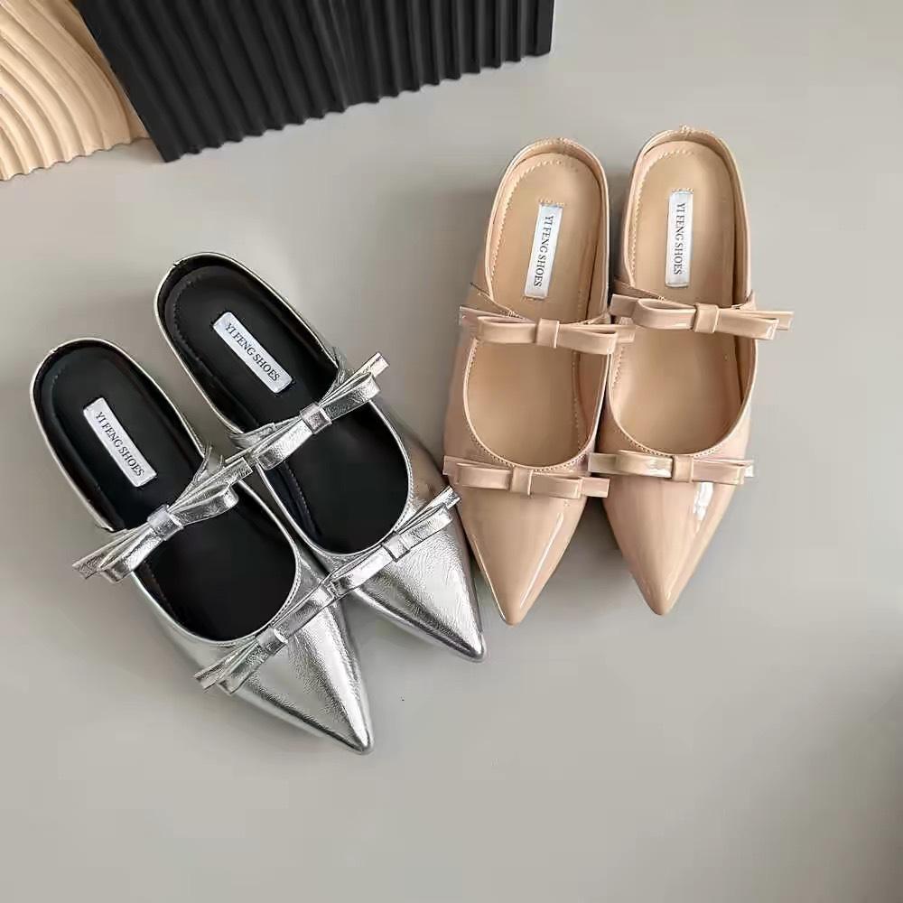 Naked pointed head increases by 4 cm, double bow French lazy gentle half-drag bag head shoes wear women's cool slippers