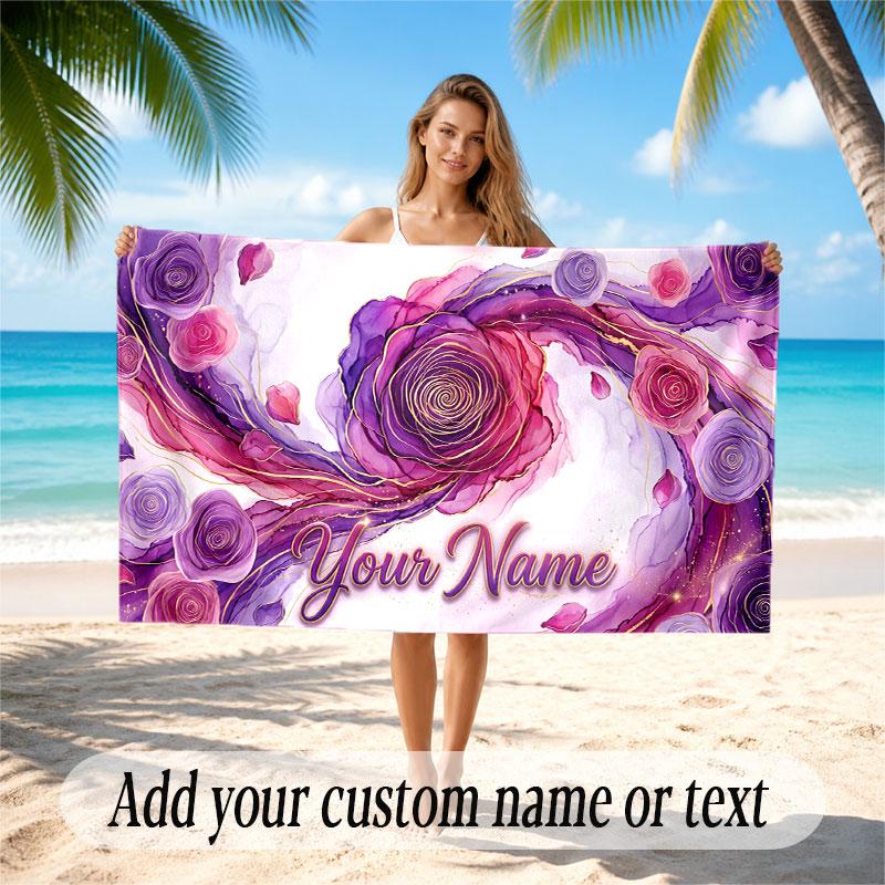 Floral Garden Theme Soft Beach Towel Personalized Custom Name Text Towel Portable for Beach Pool Travel