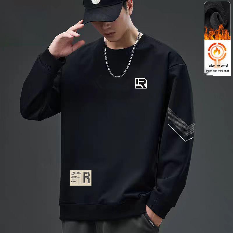 Men's Fleece-Lined Crew Neck Sweatshirt - Trendy, Versatile, Loose-Fit, Autumn/Winter Top for Students & Couples