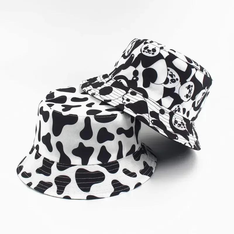 Fashion Hats Decor Double-Side-Wear Reversible Fisherman Hat Cap Cotton Black White Print Foldable Fisherman Hat Accessories