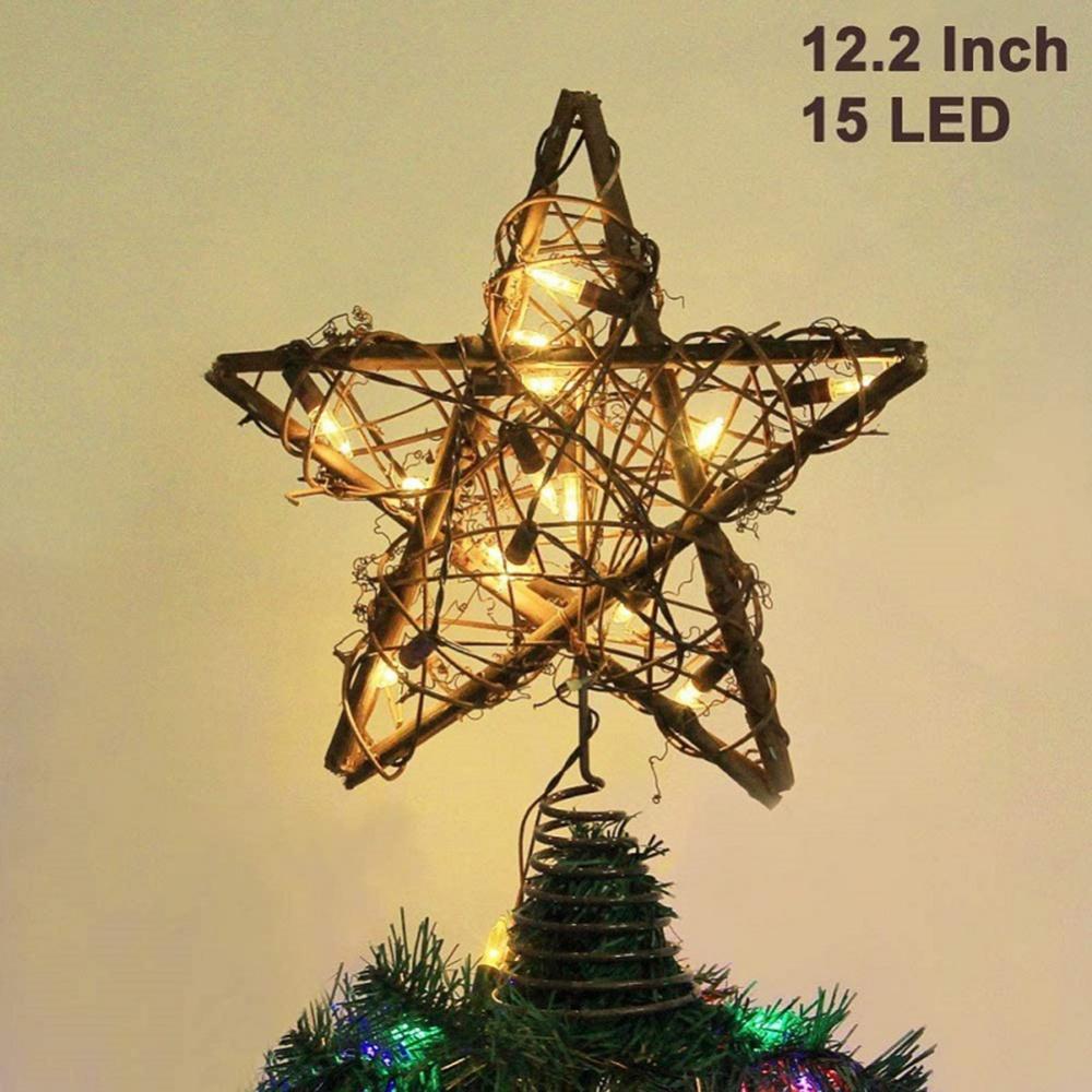 Rattan Star LED Tree Topper, Christmas Tree Topper Decoration, Battery Operated 3 AA Batteries Not Included, Metal Spiral Wire