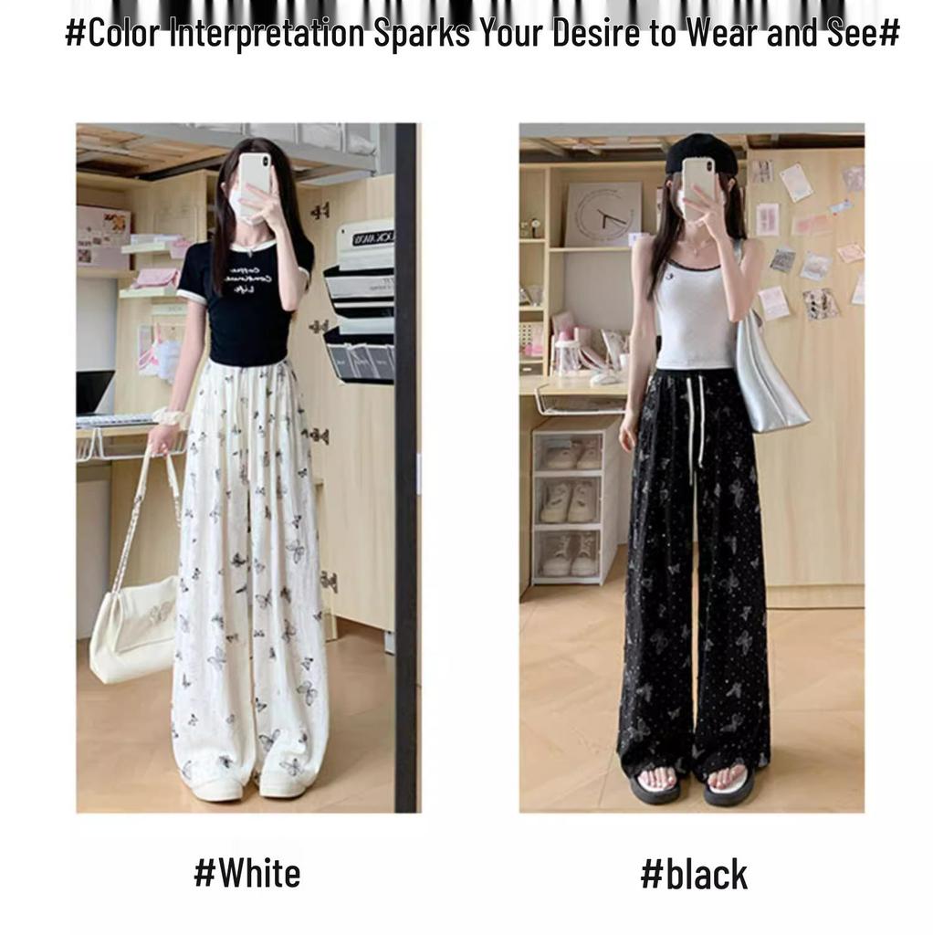 2028 Women's Summer Petite Rhinestone Butterfly Print Ice Silk White Wide-Leg Pants