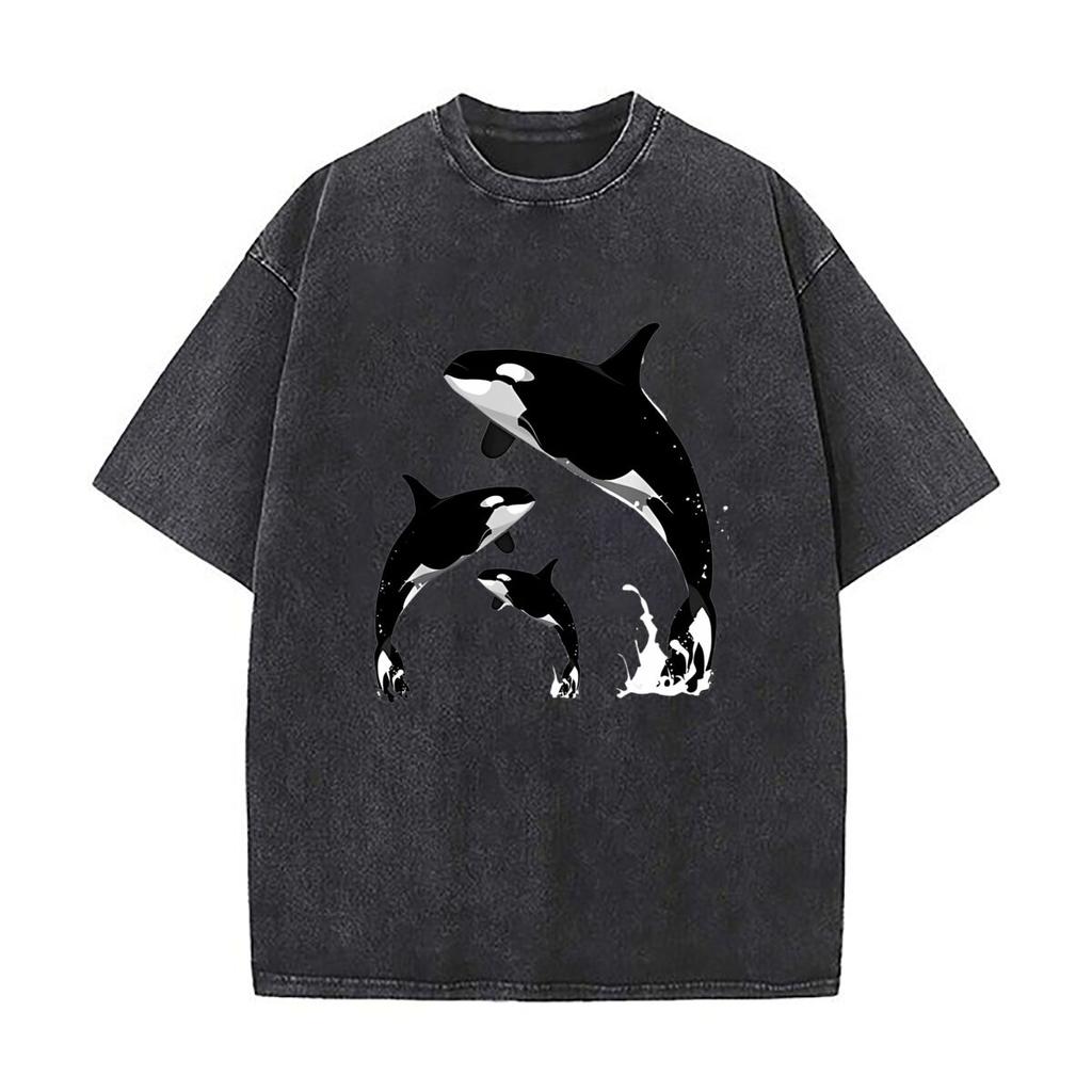 Orca Wal Familie Szene Meeresleben Inspiriertes Kunstwerk Schwerer Mann Gewaschen Lässiges Baumwoll Kurzarm Säurewaschung Oberteil