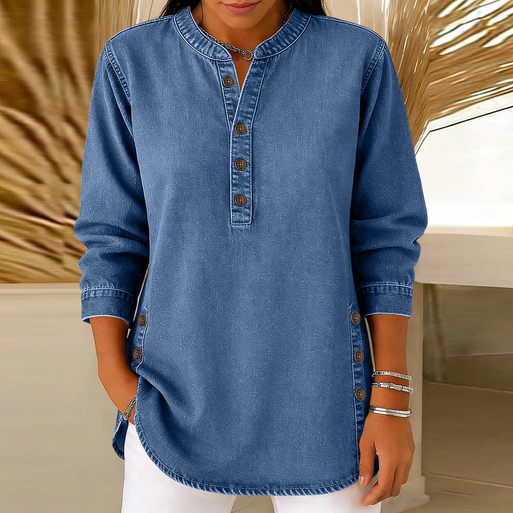 Ladies' Casual V-neck Button Imitation Denim Mid Long Sleeved Top