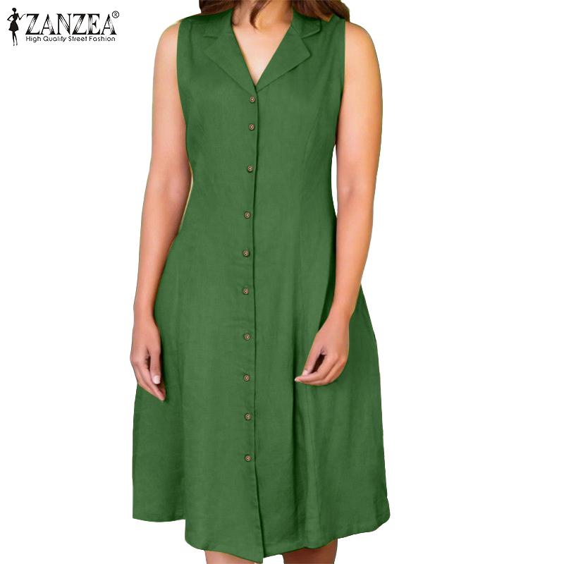 

ZANZEA Women Casual Turn Down Collar Solid Color Summer Sleeveless Dress M жёлтый