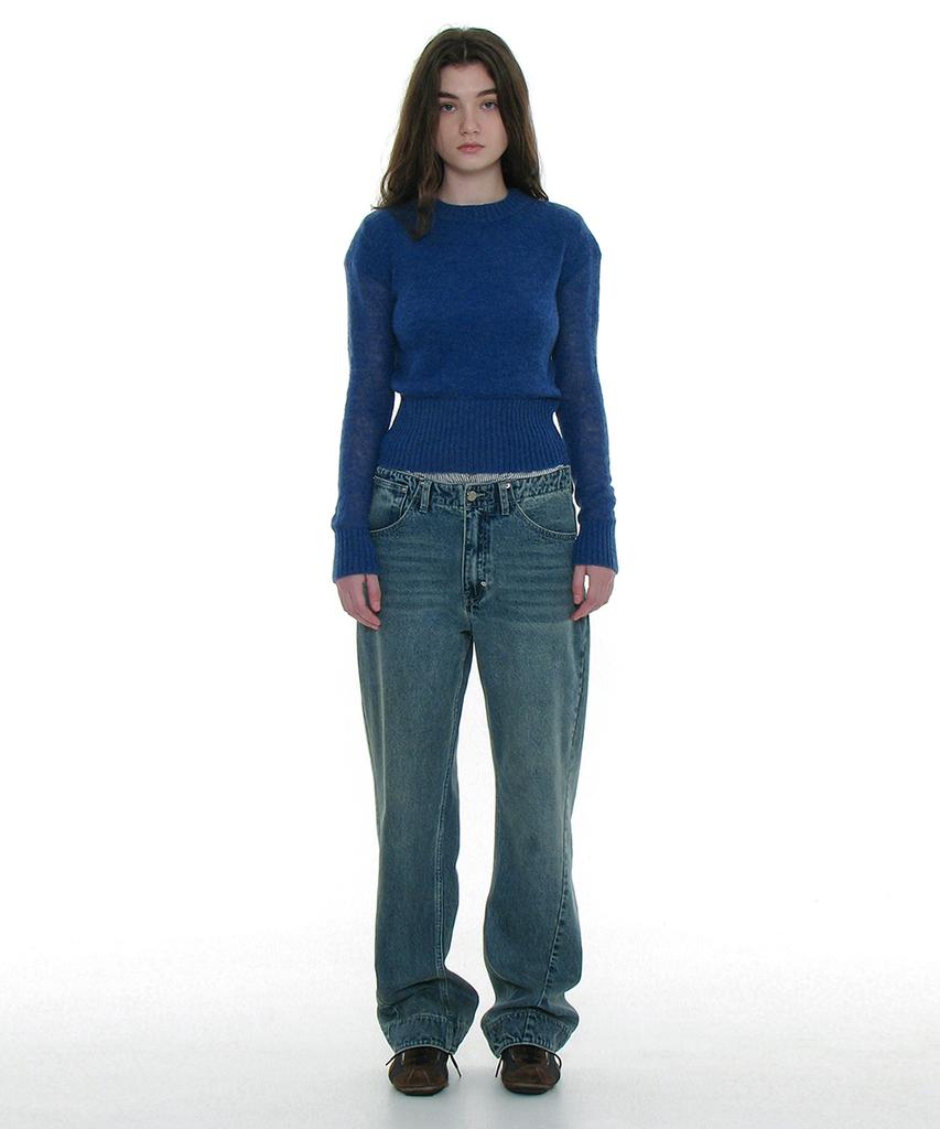 PARTIMENTO WOMEN Sheer Wide Rib Knit Crewneck_Blue