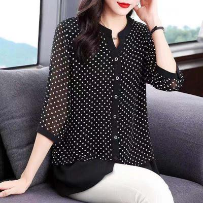 Chemisier imprimé à pois printemps-été pour femme, vêtement décontracté à simple boutonnage, col rond, manches 3/4, ample et polyvalent