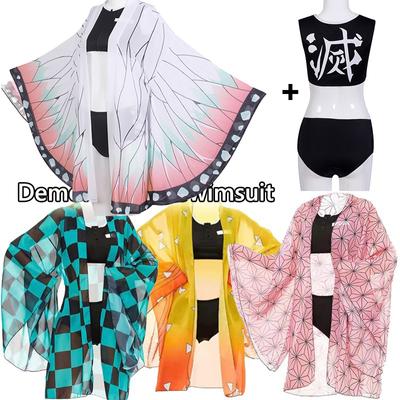 Ny Demon Slayer Cosplay Kimetsu No Yaiba Kamado Tanjirou Cosplay Todelt V-hals badedrakt Badedrakt med gjennomsiktig Kimono Cardigan