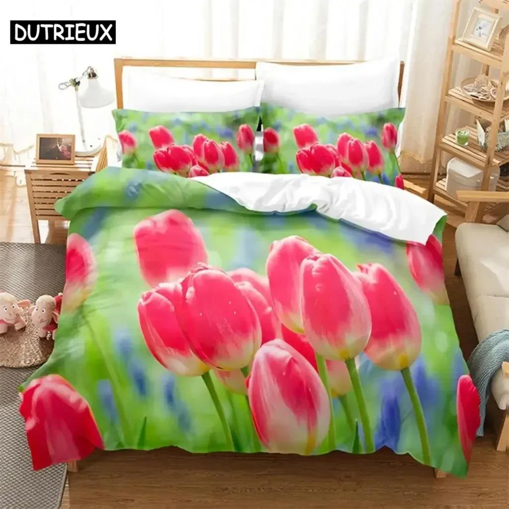 Tulip Scenery Quen Beding Set For Bedrom Soft Modern Bedspreads Comefortable Children Kids Soft Duvet Cover Comfortable Quilt Cover And Pilowcase