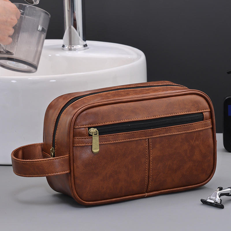 Business Travel Portable Men's Toiletry Bag Fashion Retro Leather Thickened Cosmetic Bag Handbag