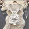 2024 Summer Hot Girl Slimming Square Neck Mini Dress with Drawstring Bodycon and Short Sleeves