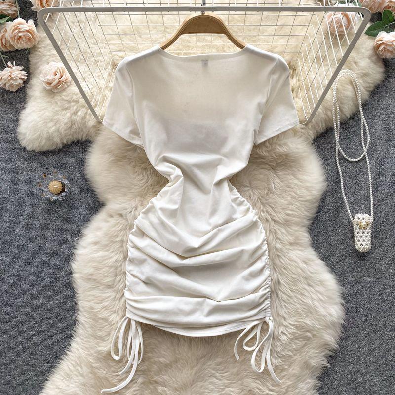 2024 Summer Hot Girl Slimming Square Neck Mini Dress with Drawstring Bodycon and Short Sleeves