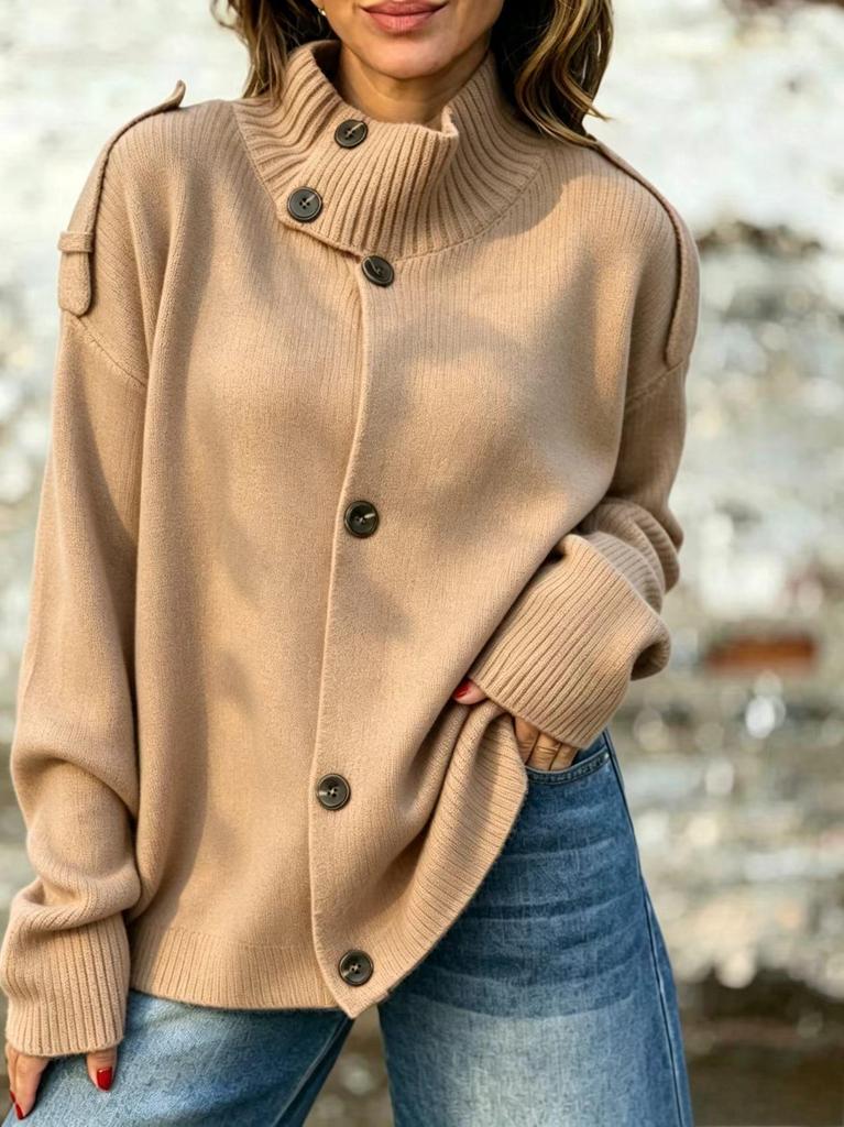 Autumn/Winter Women's High Collar Button-Embellished Knit Cardigan