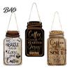 Housewarming Gift for Coffee Lovers 3Pcs Wooden Mason Jar Hanging Sign, Rustic Theme Wall Decor with Bar Sign Hemp Rope, Decorative Pendant Farmhouse