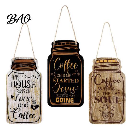 Housewarming Gift for Coffee Lovers 3Pcs Wooden Mason Jar Hanging Sign, Rustic Theme Wall Decor with Bar Sign Hemp Rope, Decorative Pendant Farmhouse