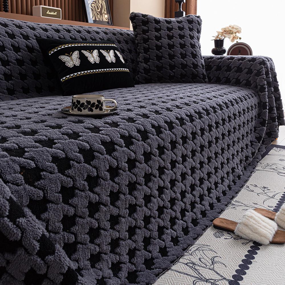 Thousand Bird Grid Plush Sofa Cover Thickened Warm Non-slip Couch Cushion Soft Plush Furniture Protector Pad Home Decoration