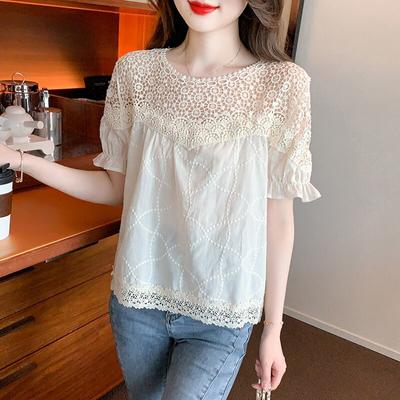 Letná čipkovaná blúzka O výstrih Sladké košele Móda Ženy Topy s krátkym rukávom Dámske Blusas Dámske Oblečenie Elegantné 25798