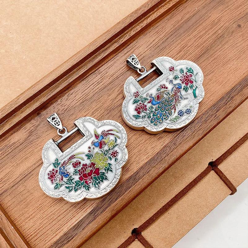 Classic National Style Enamel Colored Pastoral Style Flower And Phoenix Ruyi Lock Pendant   Necklace For Women Jewelry