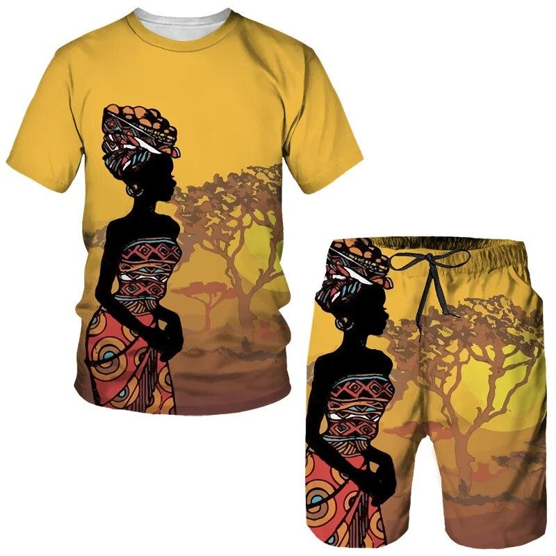 African Girl Graphic Seturi de tricouri pentru bărbați Tricou cu imprimeu 3D în stil etnic Pantaloni scurți Set din două piese Pulover supradimensionat Trening