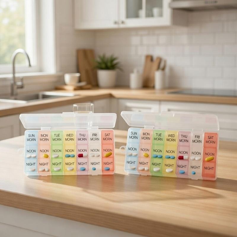 2 Pack Weekly Pill Organizer 7 Day - Color-Coded 3 Times a Day Pill Box, Daily 3-Compartment (Morning/Noon/Night) Medicine Case