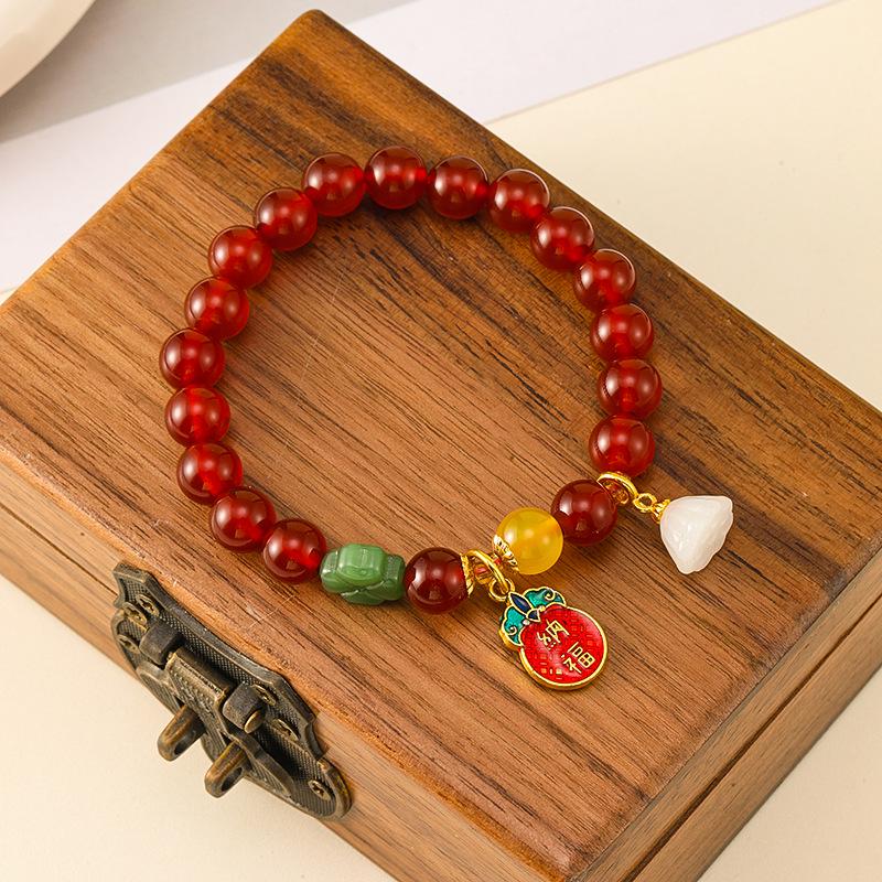 Chinese Style Fortune-Attracting Red Agate Glass Beaded Bracelet - Women's Luxury Summer Niche Design