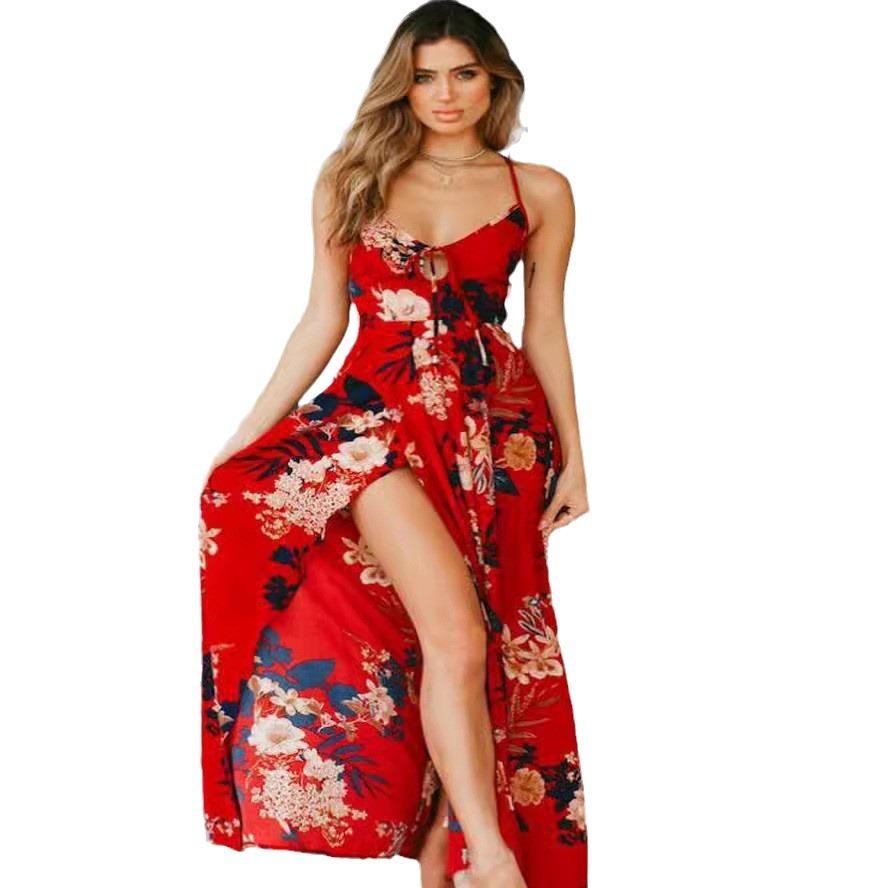 Spring And Summer New Wish European And American Dress Printed Pendulum Split Slim Suspender Low-Cut Dress