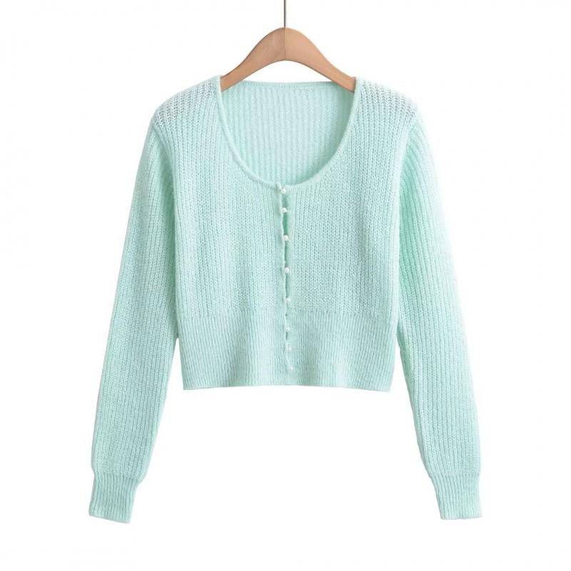Soft Knit Cardigan Women U-Neck Short Cropped Sweater With Pearl Buttons Mohair Blend