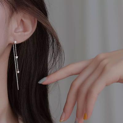 1Pc New 925 Silver Needle Star Tassel Earrings Small and Delicate Five Pointed Star Zircon Long Earrings Women's Fashion Jewelry